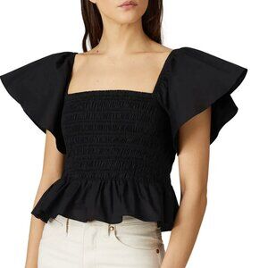 Josie Natori Black Smocked Flutter Sleeve Cropped Peplum Top